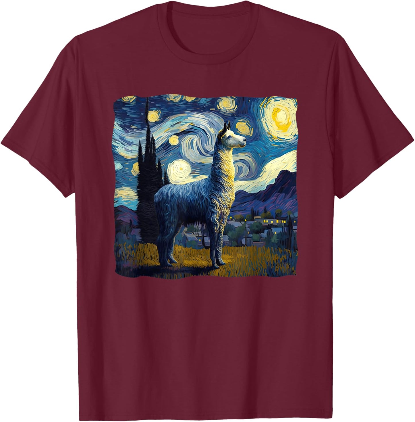 Llama Starry Night Van Gogh Painting Art Weird Aesthetic T-Shirt - T-Shirt | Maroon