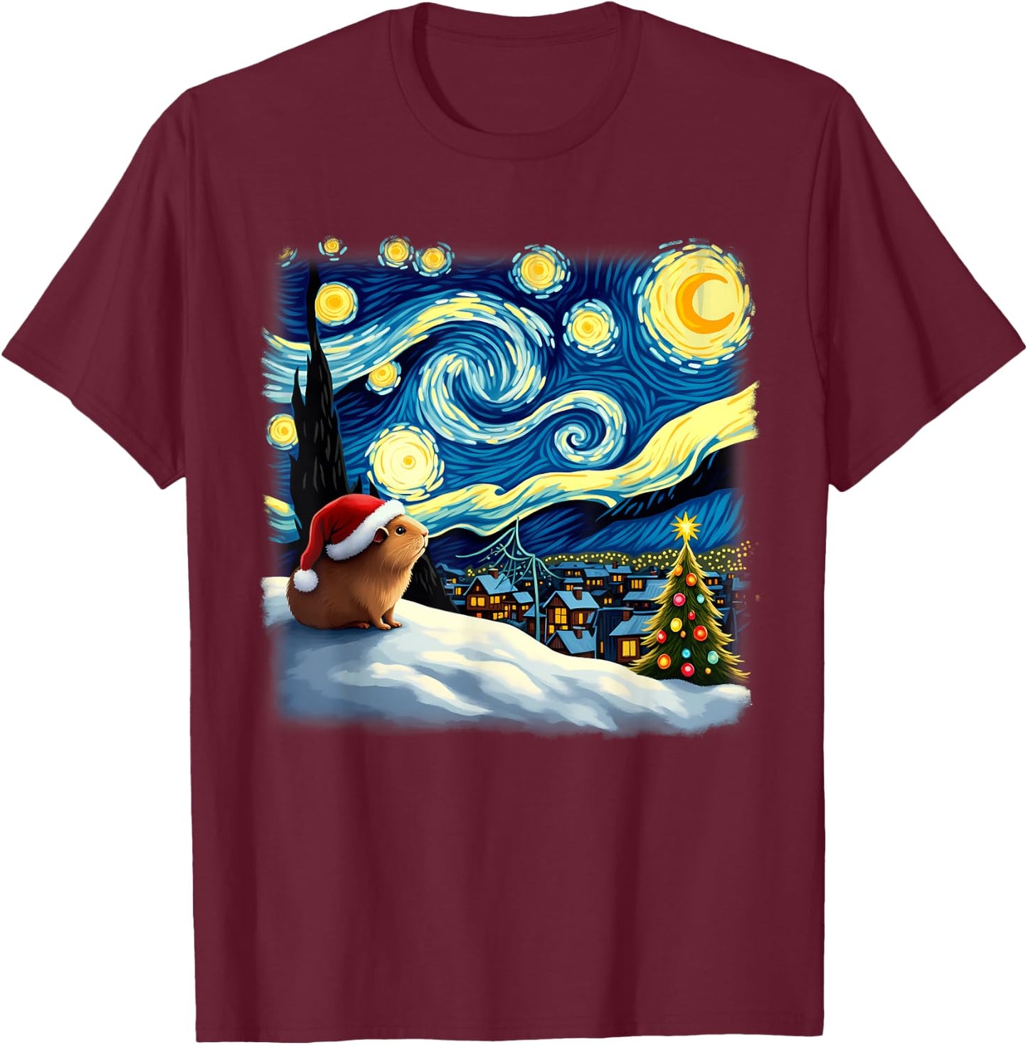 Christmas Guinea Pig Starry Night T-Shirt - T-Shirt | Maroon