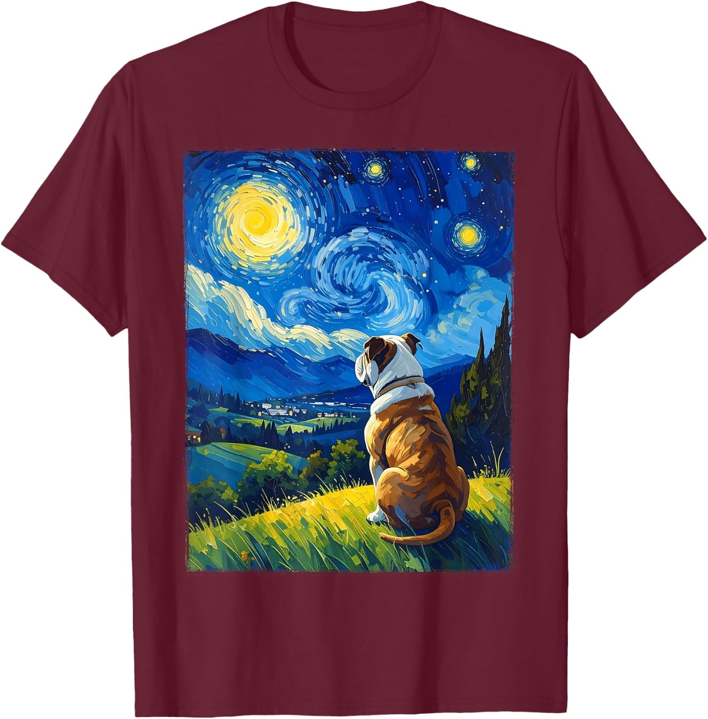 Bulldog Van Gogh Starry Night T-Shirt - T-Shirt | Maroon