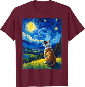 Bulldog Van Gogh Starry Night T-Shirt - T-Shirt | Maroon