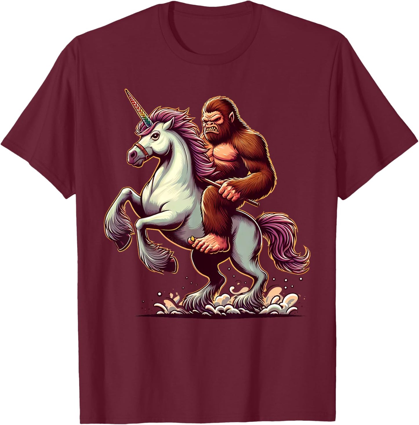 Bigfoot Riding Unicorn, Funny Sasquatch T-Shirt - T-Shirt | Maroon