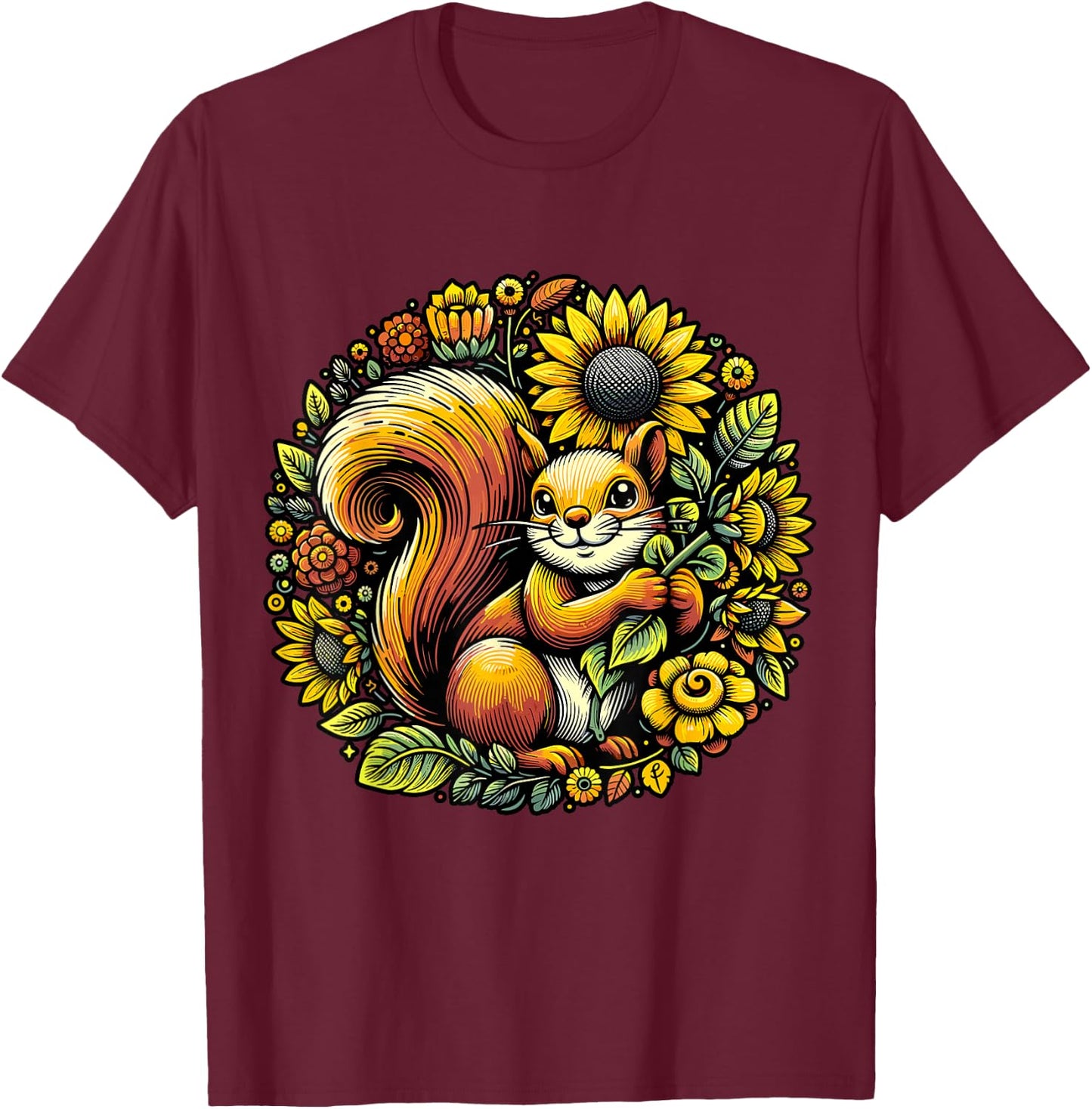 Squirrel with Sunflower T-Shirt - T-Shirt | Maroon