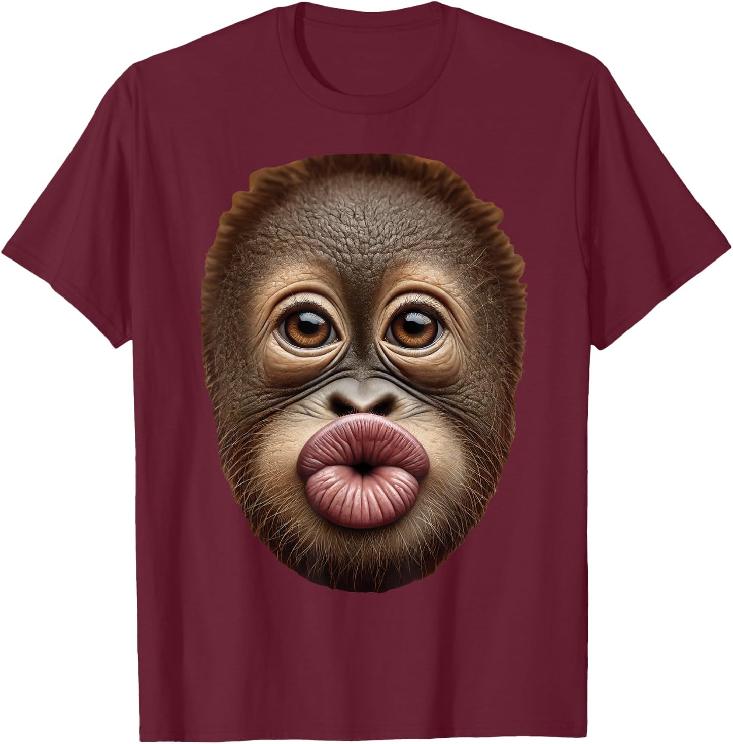 Baby Orangutan Ape Monkey Face Stomach Funny Cute Kiss Lips T-Shirt - T-Shirt | Maroon