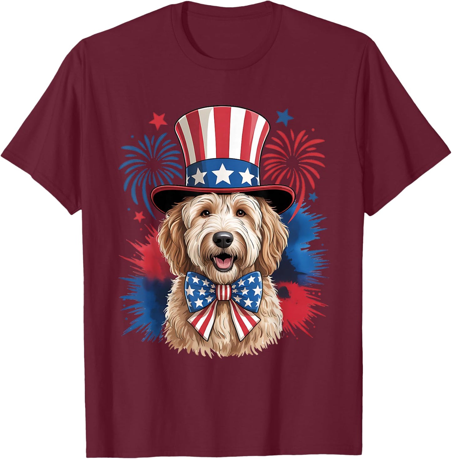 Cute Goldendoodle Dog 4th of July USA Patriotic Hat and Bow T-Shirt - T-Shirt | Maroon