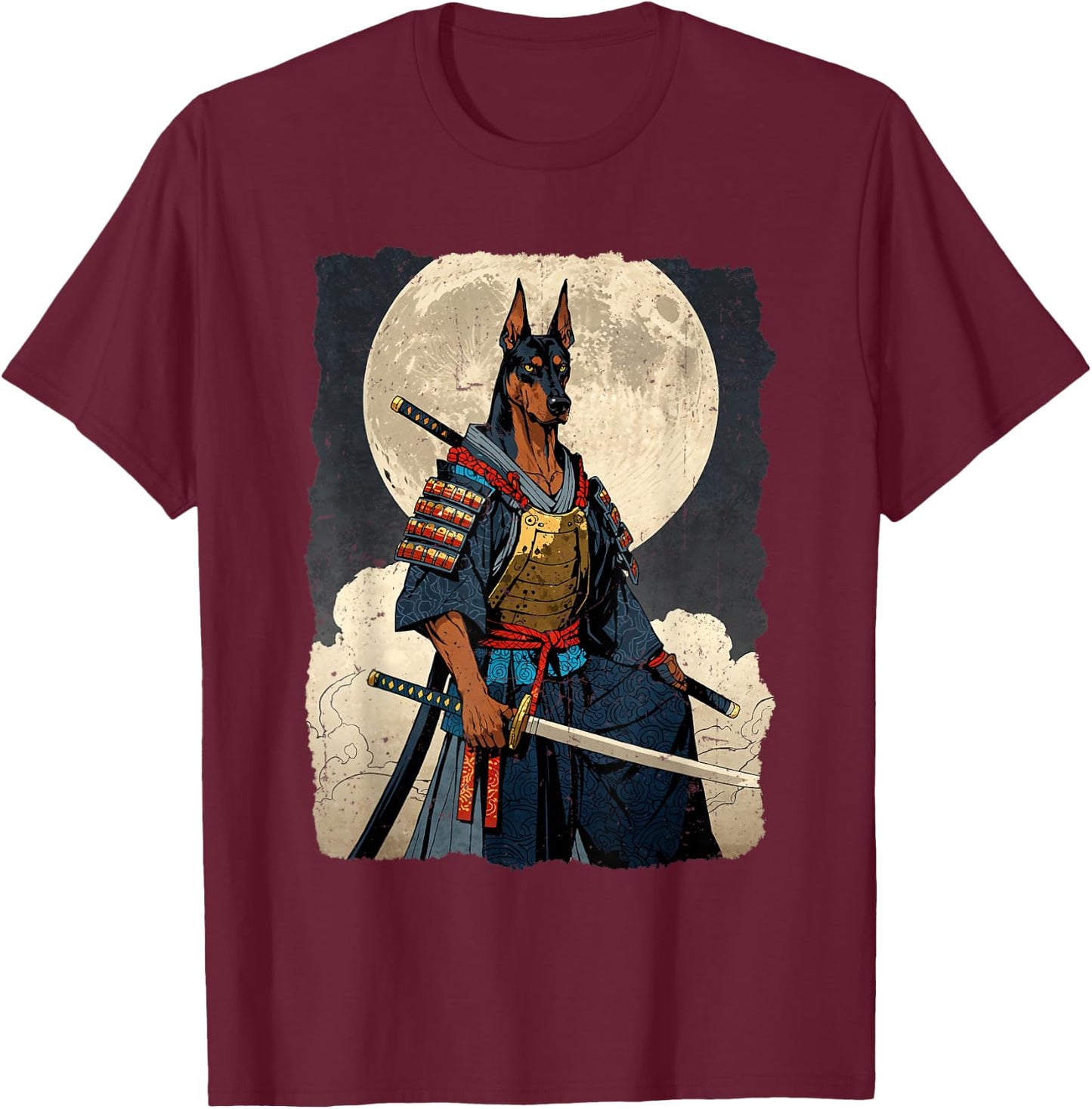Doberman Dog Samurai Japanese Retro Ukiyo-e Warrior Doberman T-Shirt - T-Shirt | Maroon