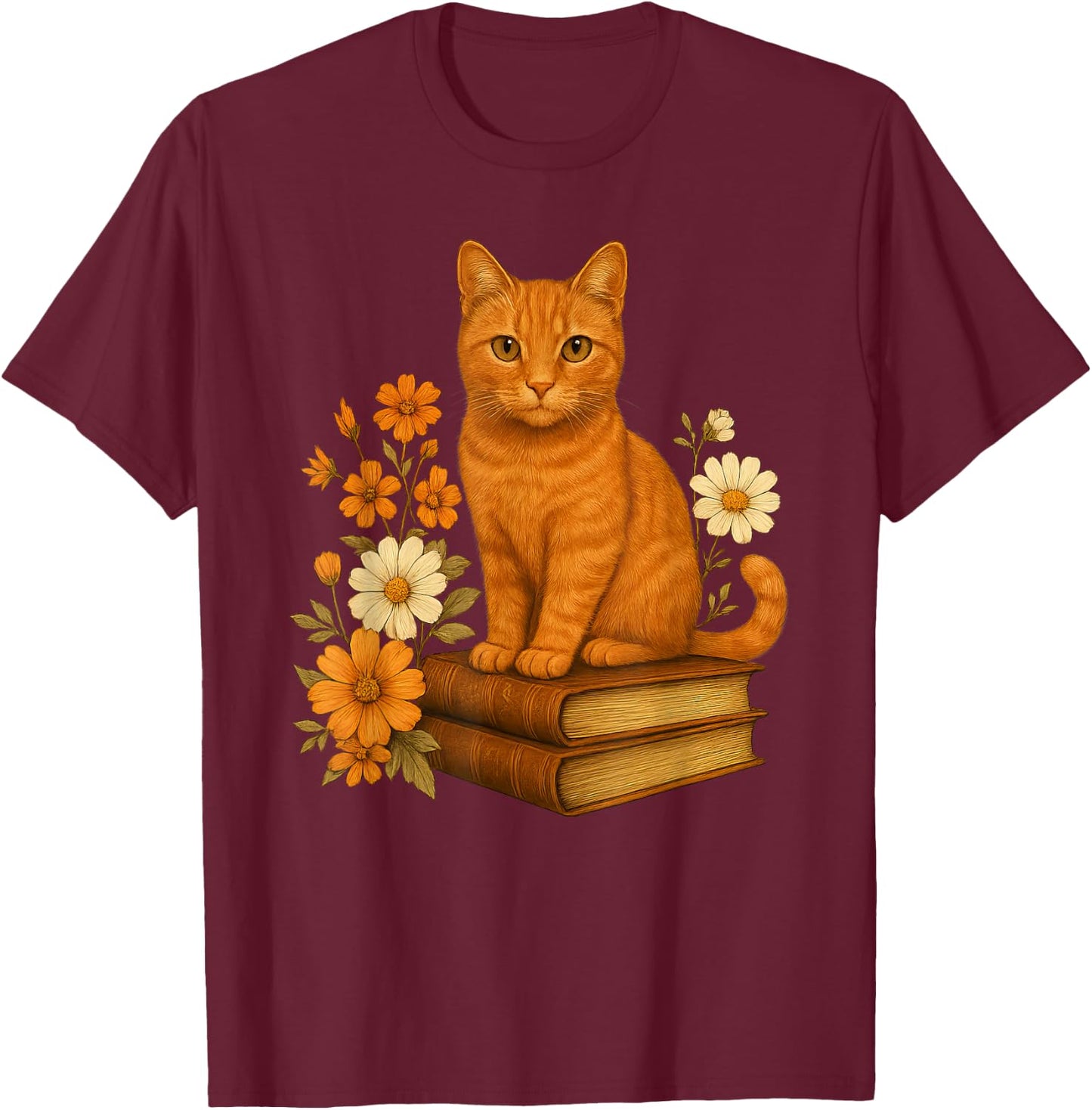 Cute Orange Cat Book Flowers T-Shirt - T-Shirt | Maroon
