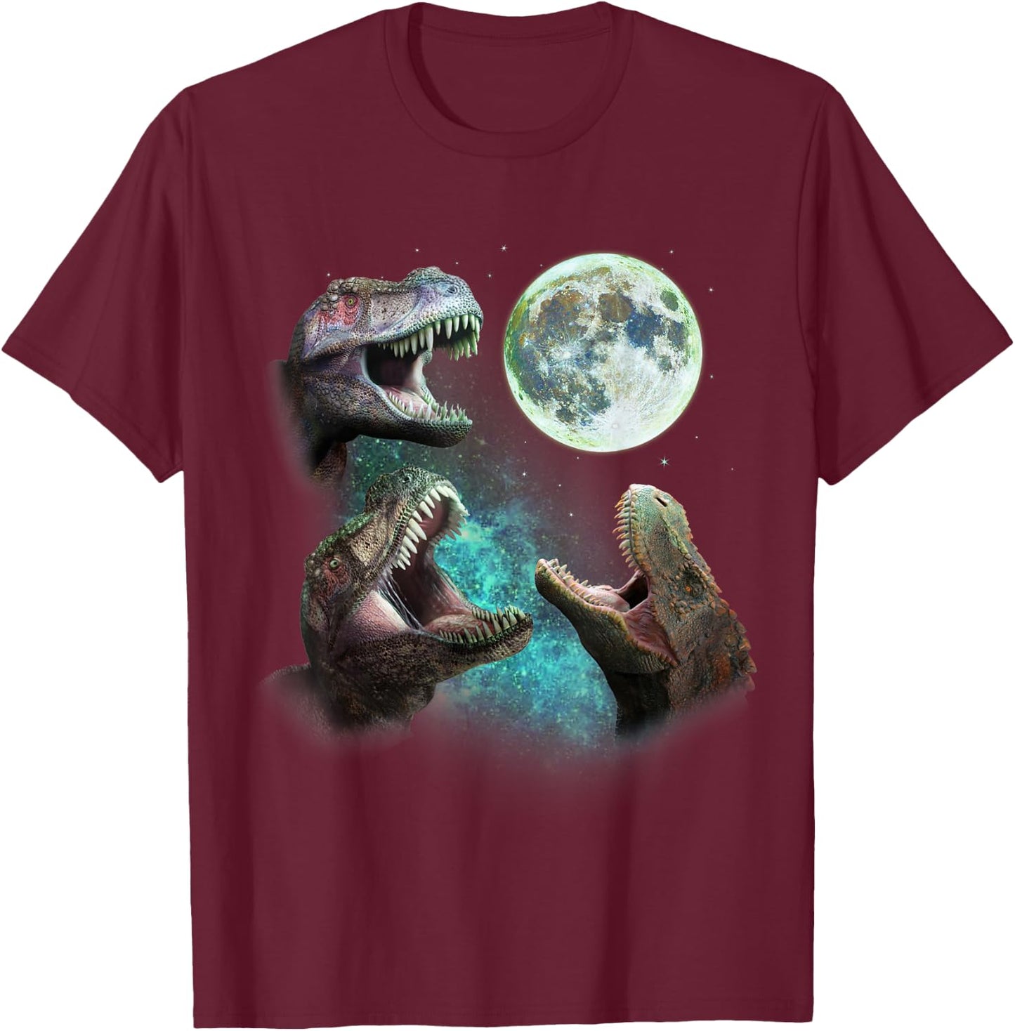 Three T-Rex Dinosaurs Howl at Moon 3 Wolves Parody T-Shirt - T-Shirt | Maroon