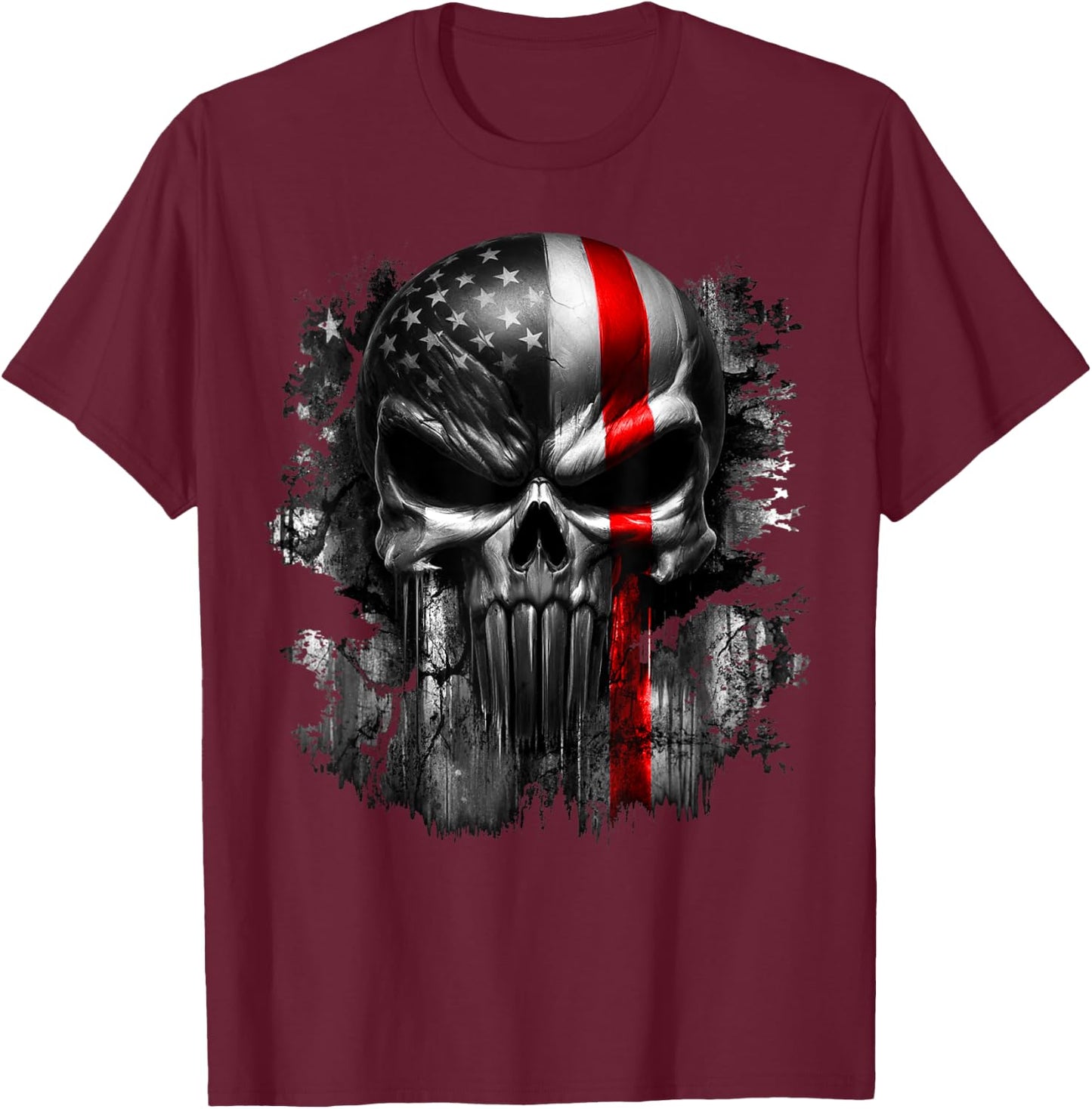 USA American Skull Patriotic Flag Red Line Grunge Graphic T-Shirt - T-Shirt | Maroon