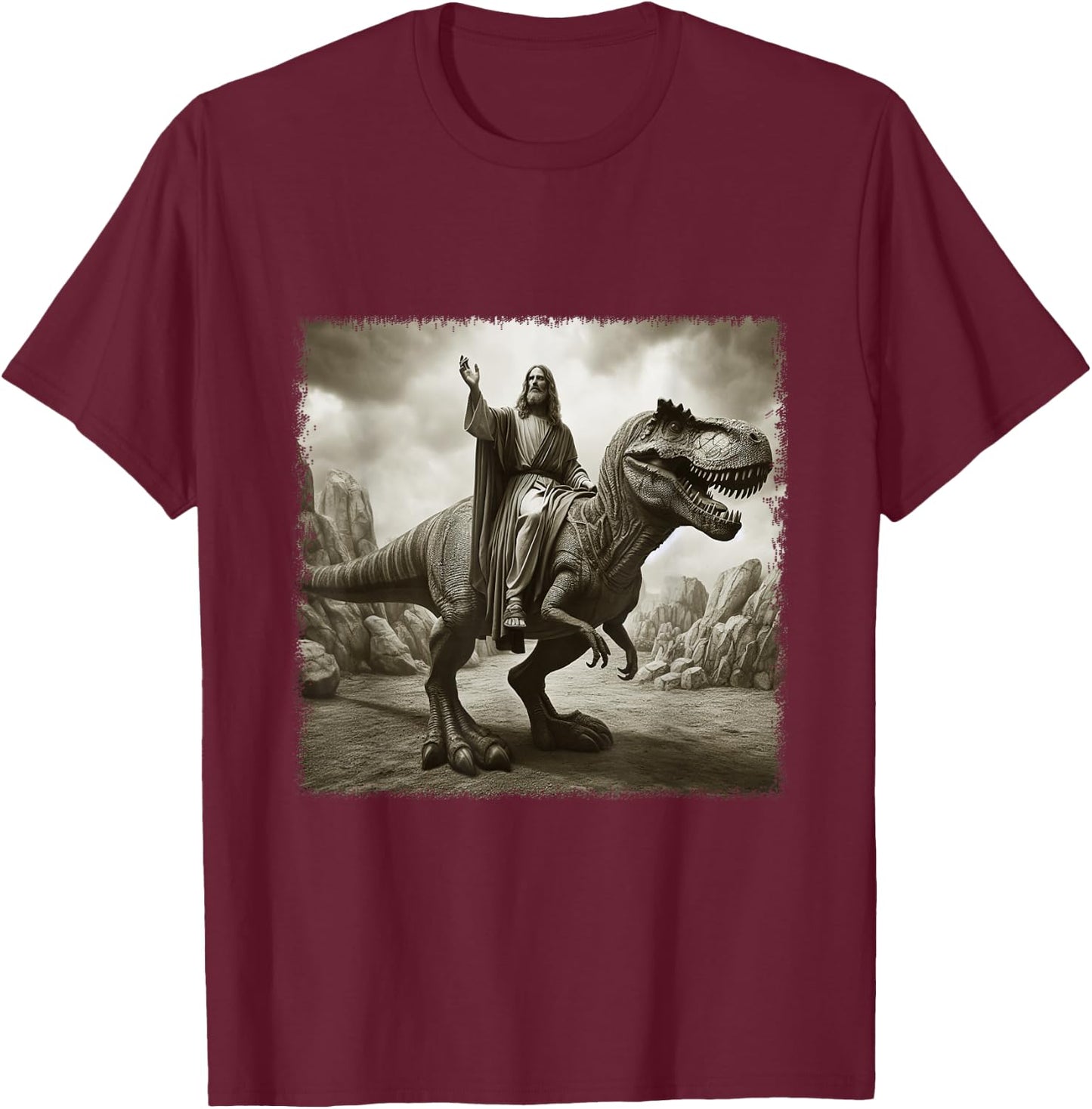 Vintage Jesus Riding T Rex Dinosaur Believers Christian T-Shirt - T-Shirt | Maroon