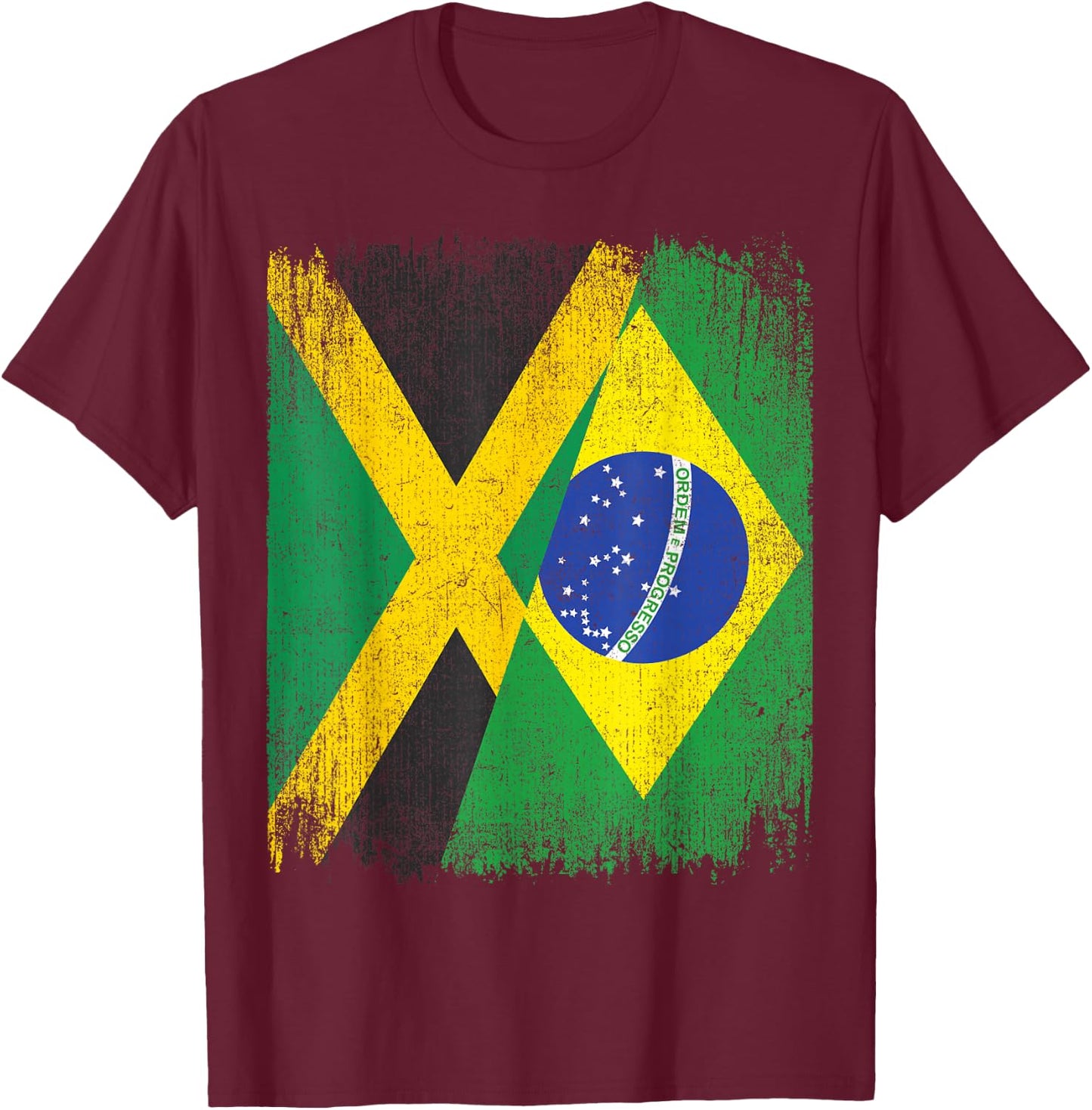 Half Jamaica Brazil Flag Jamaican Brazilian Pride Roots T-Shirt - T-Shirt | Maroon