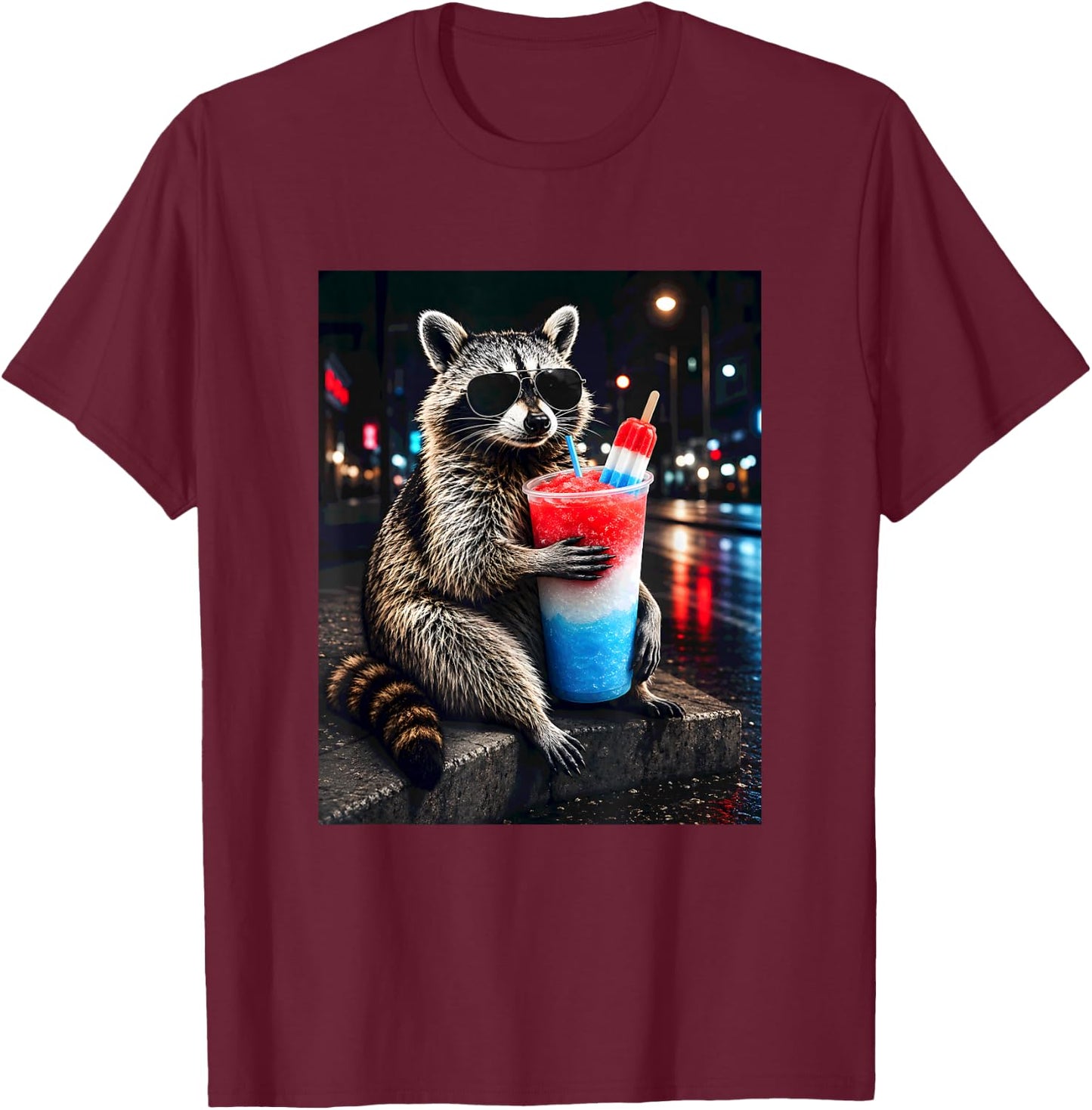 4th of July Raccoon Drinking Iced Cocktail Funny Animal Meme T-Shirt - T-Shirt | Maroon
