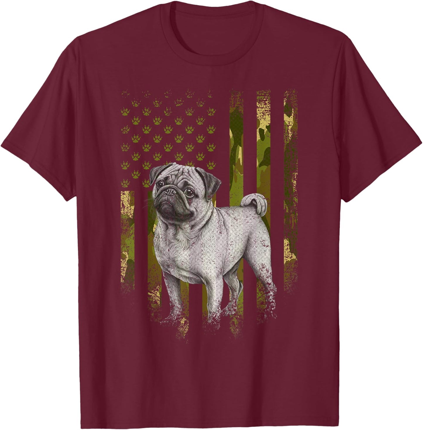 Vintage Camouflage USA Camo Flag Pug Dog 4th Of July T-Shirt - T-Shirt | Maroon