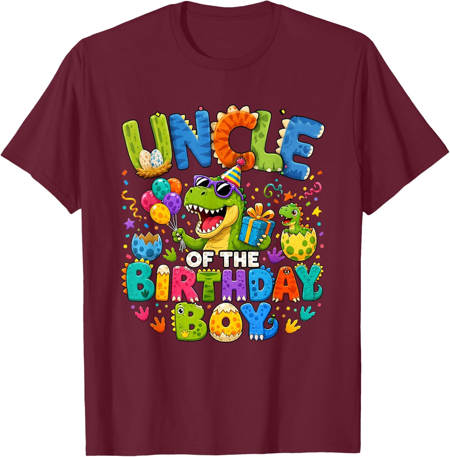 Uncle of The Birthday Boy Dinosaur T-Rex T-Shirt - T-Shirt | Maroon
