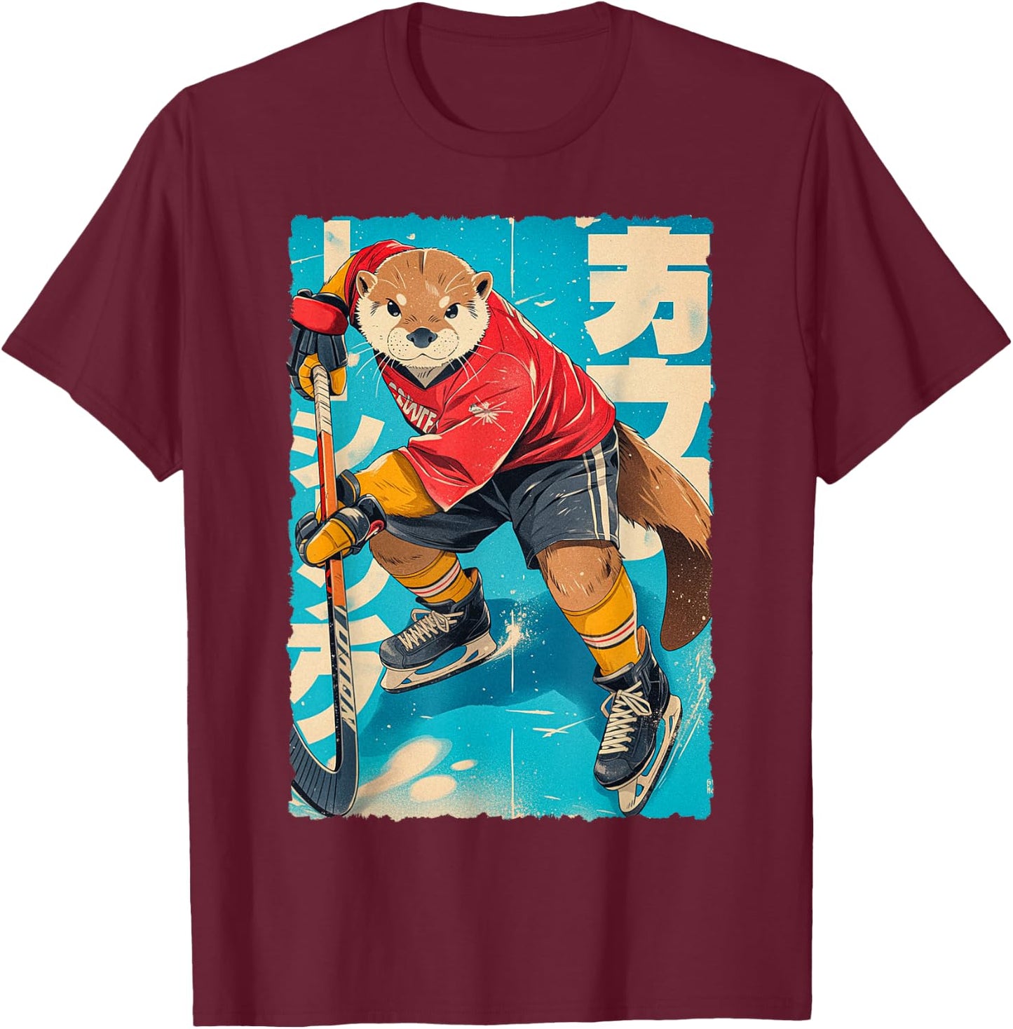 Manga amusant - Joueur de hockey sur glace - Art japonais - Loutre - Pour enfants T-Shirt - T-Shirt | Maroon