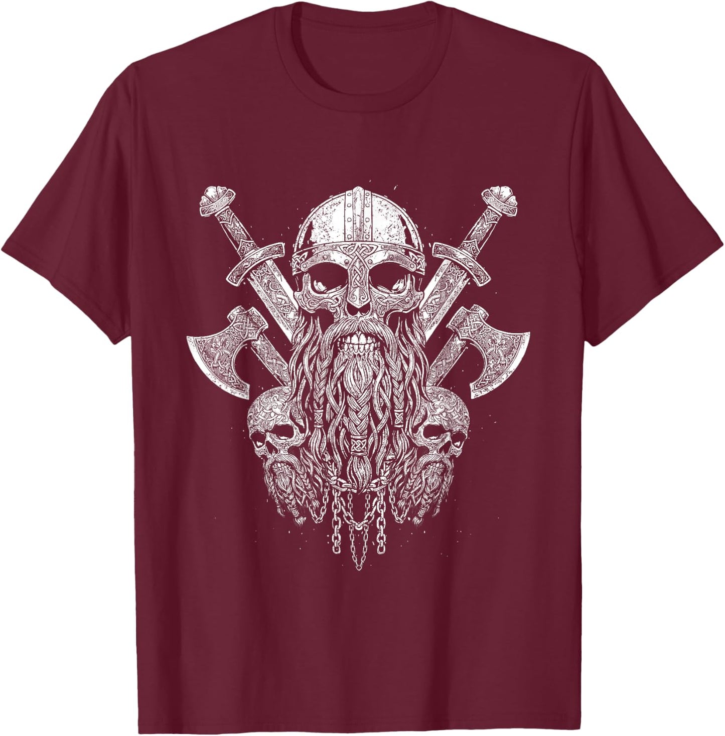 Viking Skull with Helmet with Viking Axe - Black and White T-Shirt - T-Shirt | Maroon