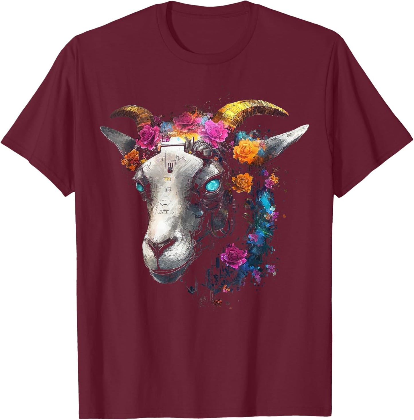 Goat Fantasy Blue Eyes - Artwork | Animal Motif Goat T-Shirt - T-Shirt | Maroon