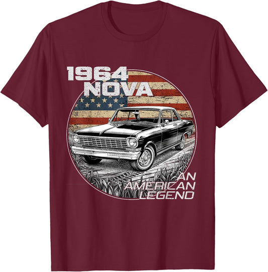 1964 64 Nova Silhouette Muscle Car American Flag T-Shirt - T-Shirt | Maroon