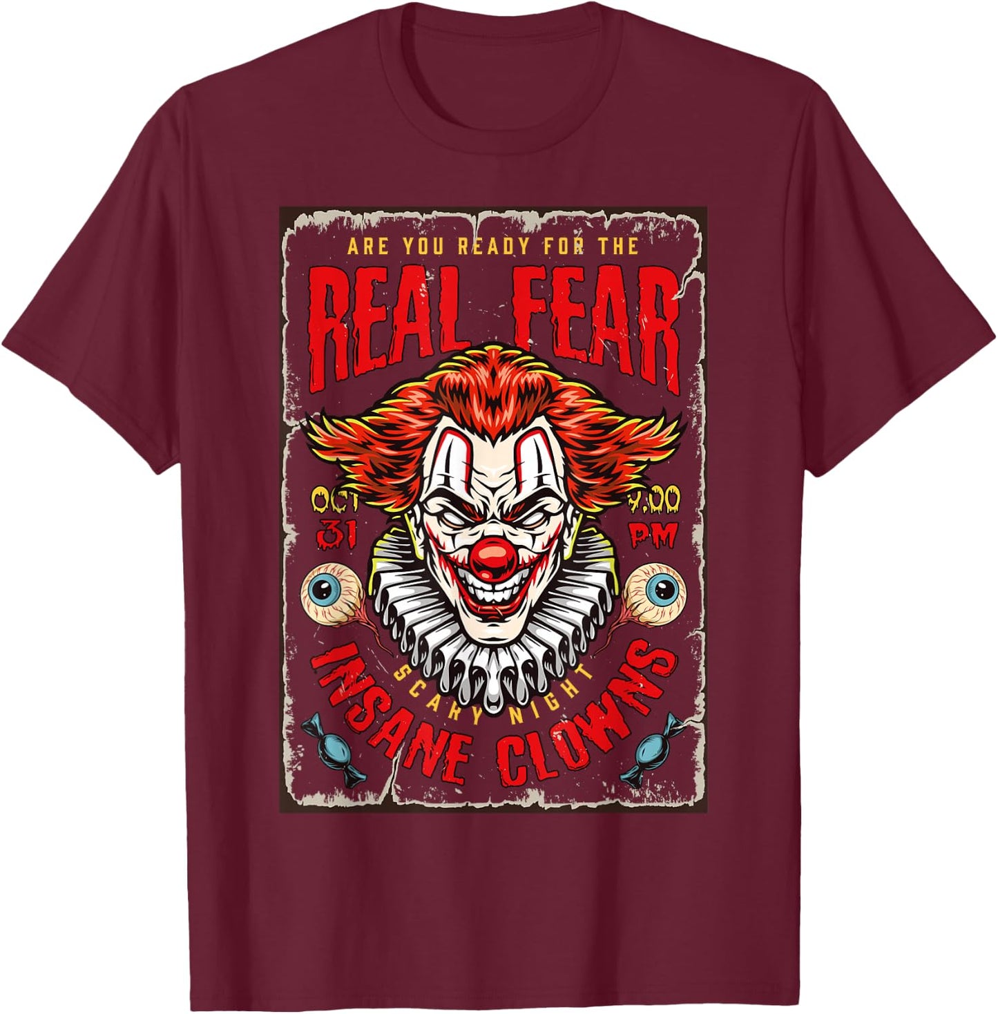 Horror Night Halloween Party Scary Clown Poster Vintage T-Shirt - T-Shirt | Maroon