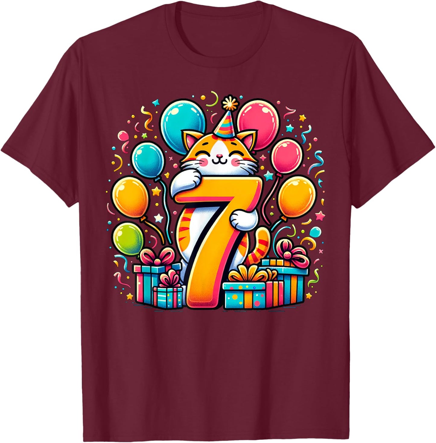 Cat 7th Birthday Boy Girl 7 Years Old Seventh Seven Cat , black T-Shirt - T-Shirt | Maroon