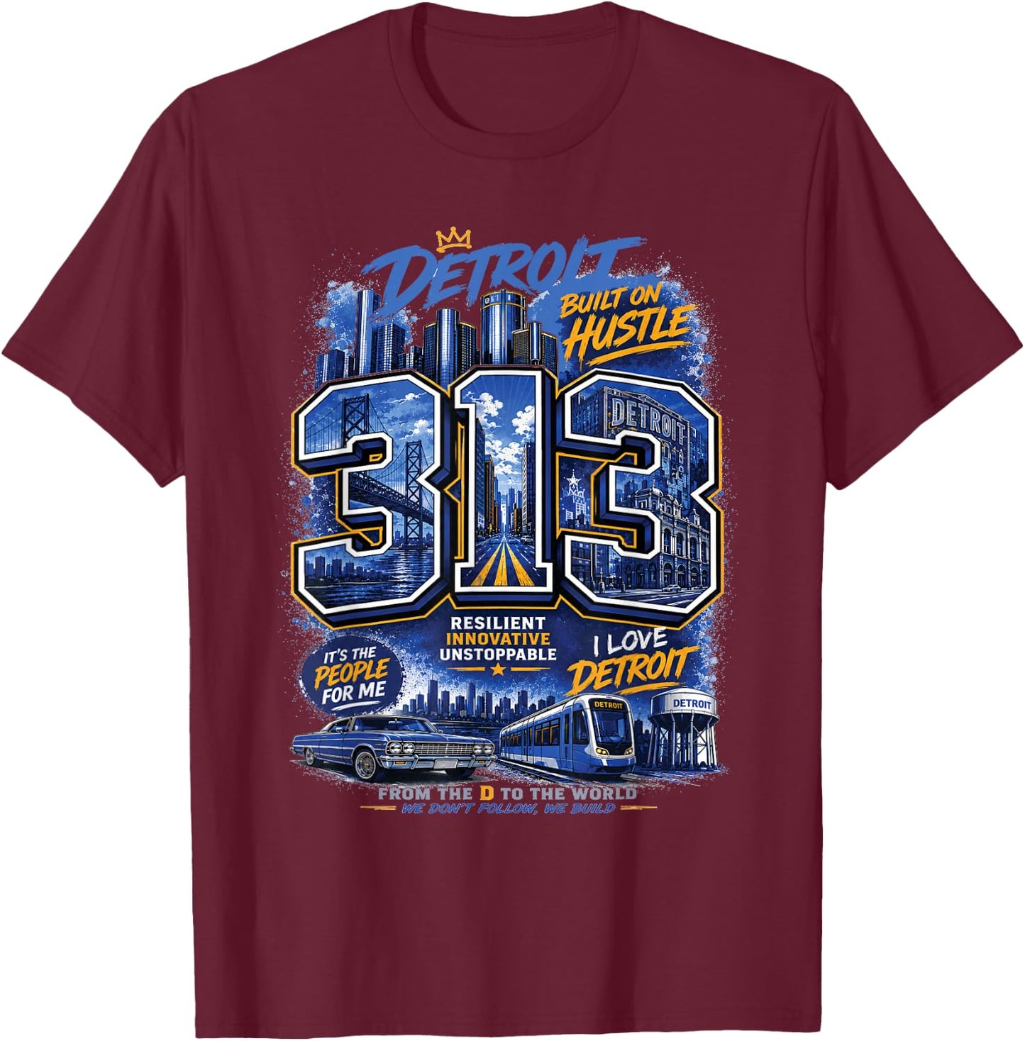 Detroit 313 Hustle Hometown Urban T-Shirt - T-Shirt | Maroon