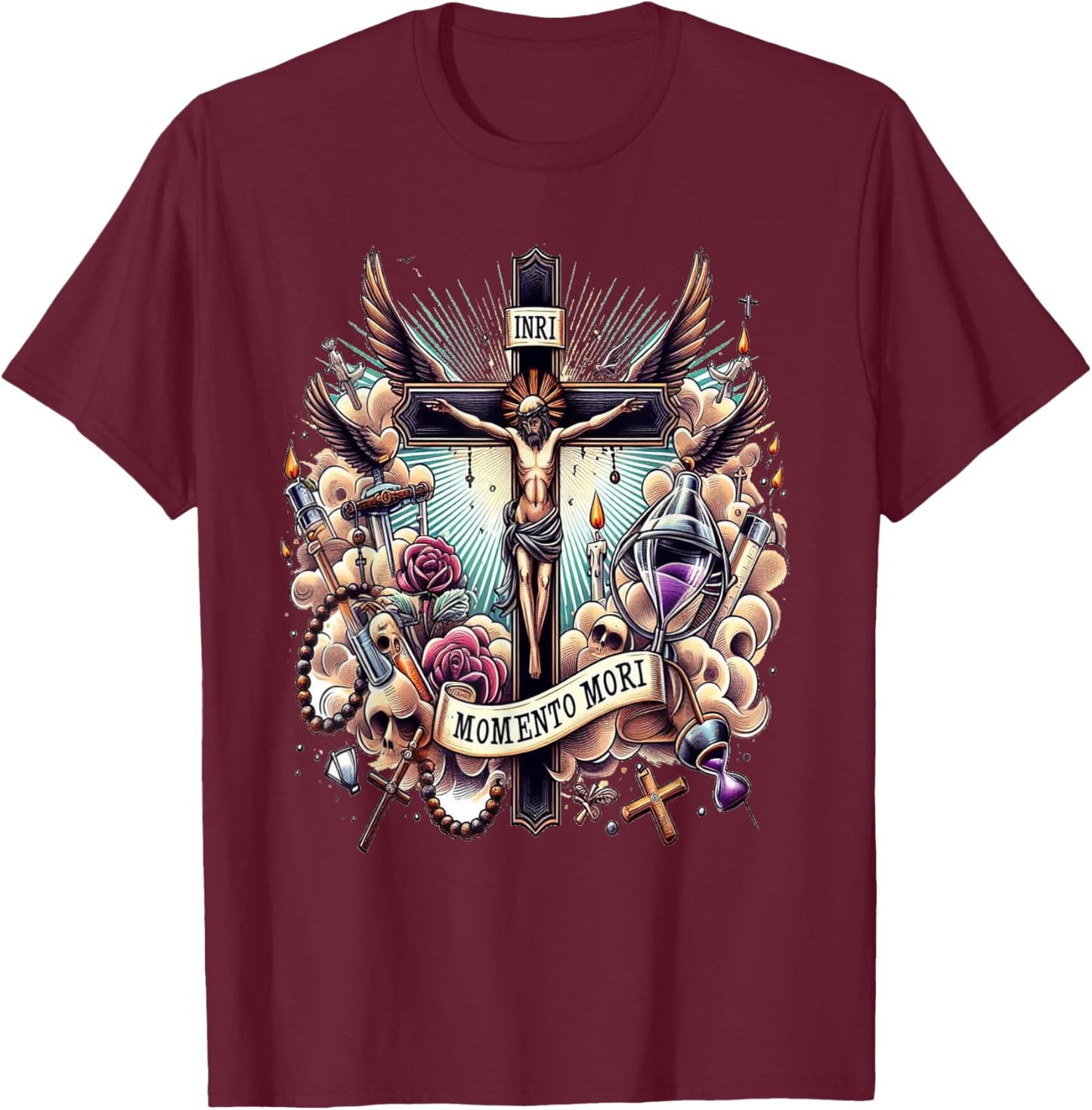 Memento Mori Catholic Crucifix Traditional Latin Mass Skull T-Shirt - T-Shirt | Maroon