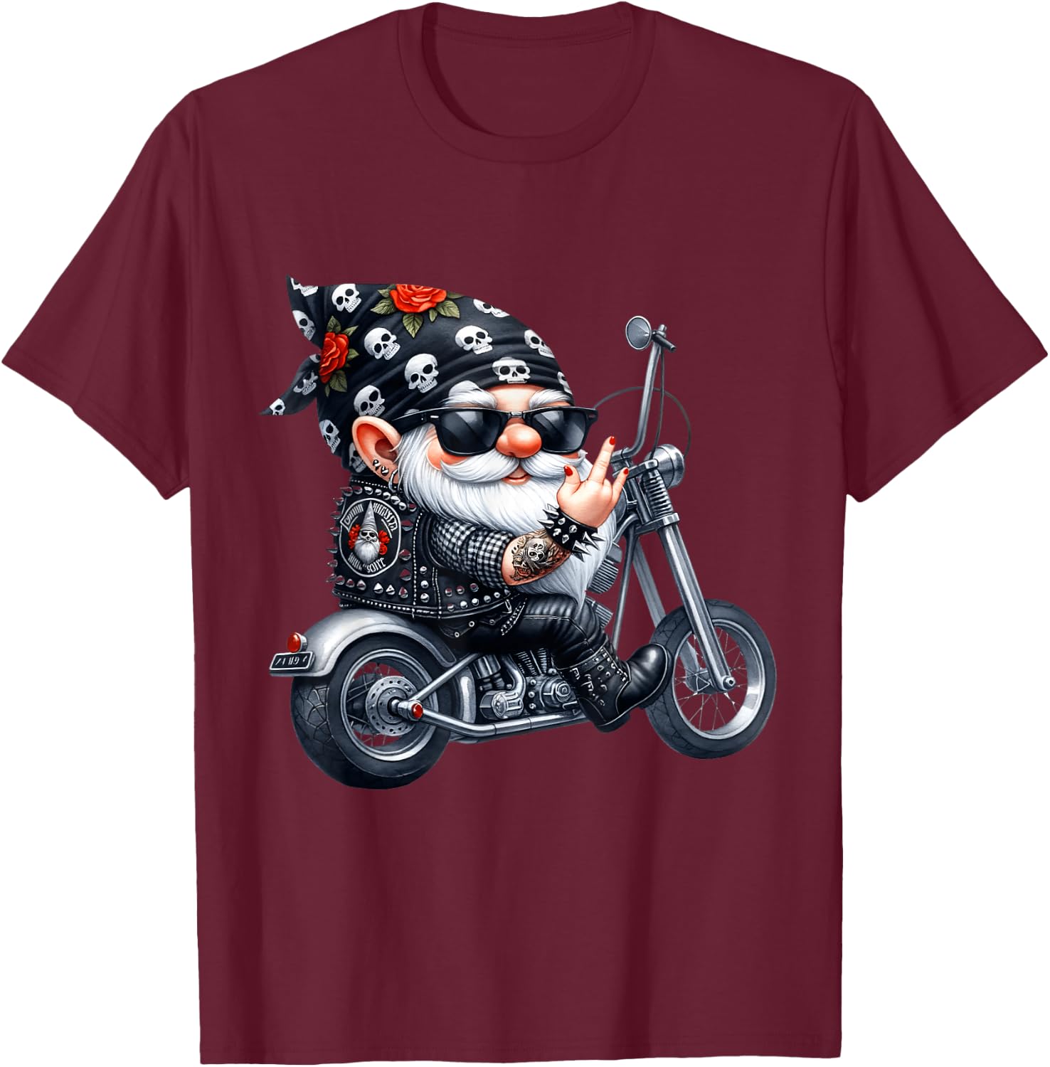 Cool Tattoo Gnome Graphic Women Funny Motorcycle T-Shirt - T-Shirt | Maroon