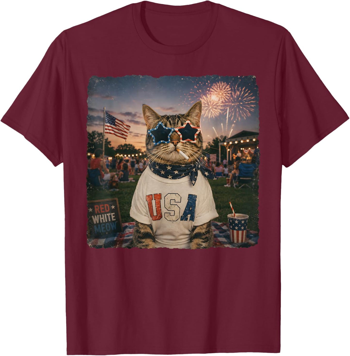 Funny American Cat Smoking Sunglasses Meme Funny 4th of July T-Shirt - T-Shirt | Maroon