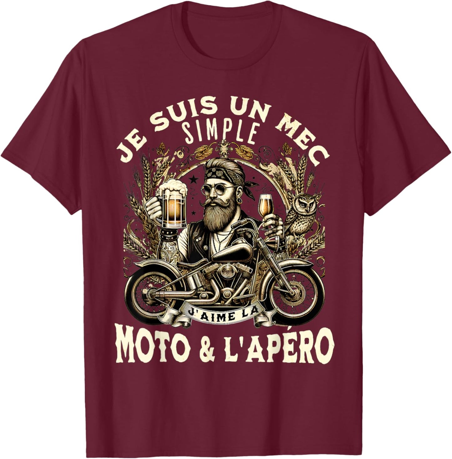 Gift Fan Motorcycle and Aperitif Biker Humour Alcohol Funny , Black, S T-Shirt - T-Shirt | Maroon