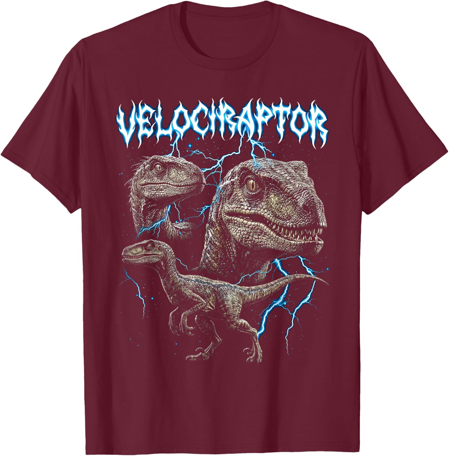 Velociraptor Vintage 90s Heavy Metal Retro Dinosaur Lover T-Shirt - T-Shirt | Maroon