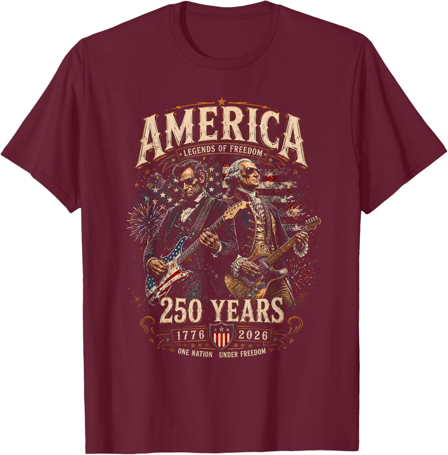 George Washington Playing Guitar Abe Lincoln 250th America T-Shirt - T-Shirt | Maroon