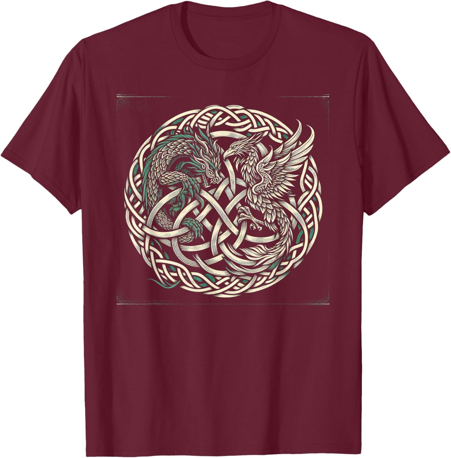 Intricate Celtic Knot with Dragon and Phoenix T-Shirt - T-Shirt | Maroon