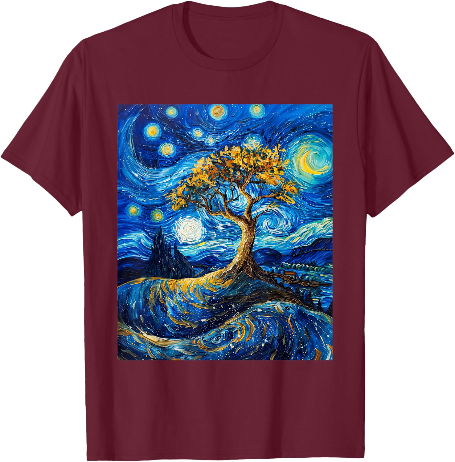 Yggdrasil Tree Of Life Van Gogh Style Starry Night T-Shirt - T-Shirt | Maroon