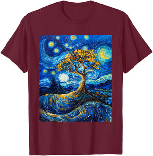 Yggdrasil Tree Of Life Van Gogh Style Starry Night T-Shirt - T-Shirt | Maroon