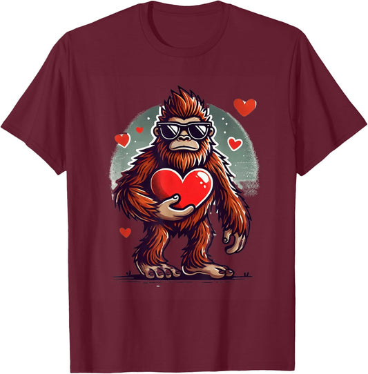 Funny Valentines Day Bigfoot Heart Sunglasses Sasquatch T-Shirt - T-Shirt | Maroon