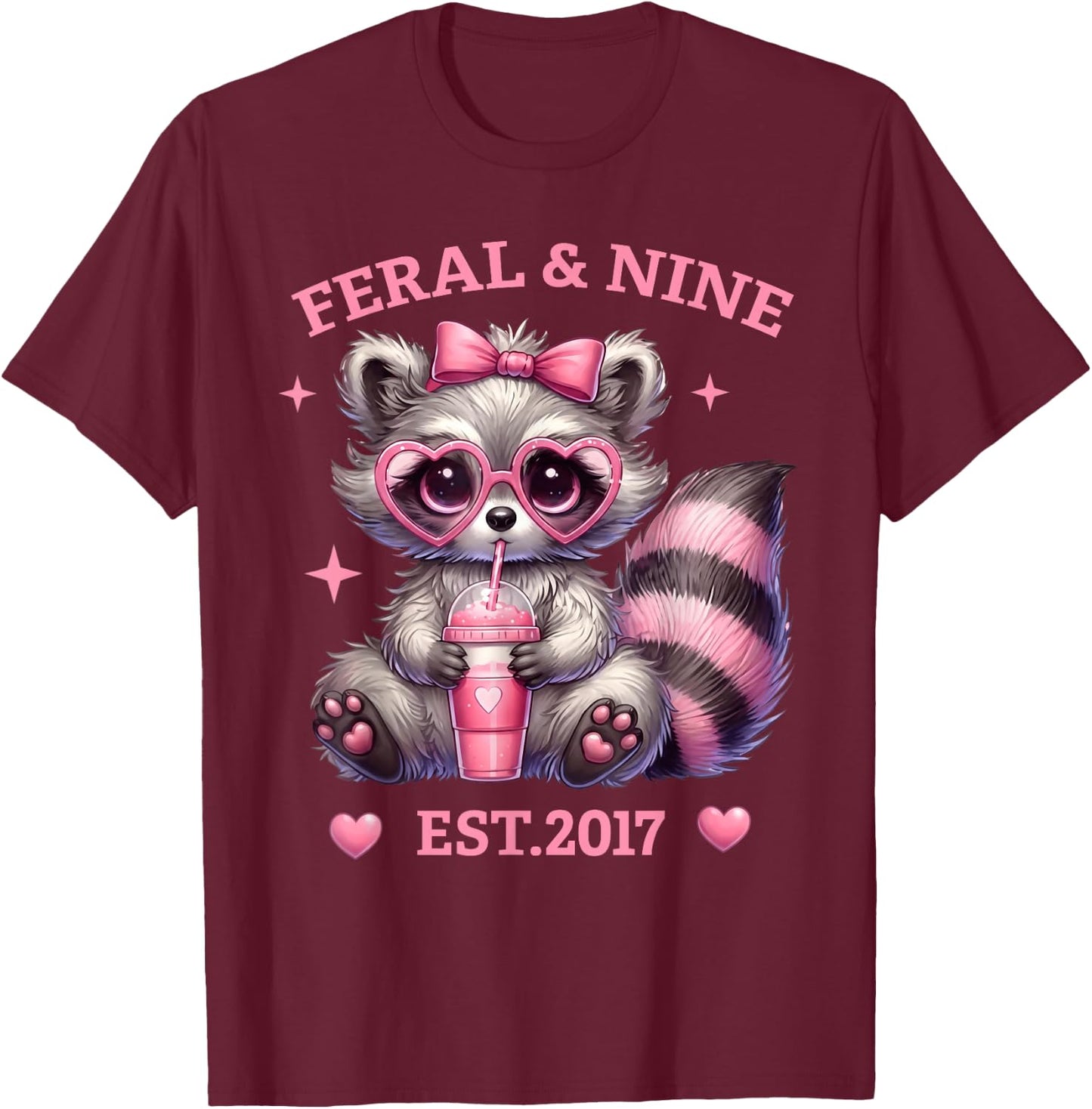 Feral and Nine Est 2017 Pink Bow Cute Raccoon 9th Birthday T-Shirt - T-Shirt | Maroon