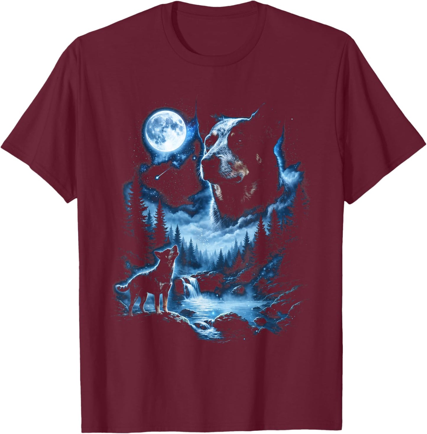 Blue Heeler Howling to the Moon Meme Animal Graphic T-Shirt - T-Shirt | Maroon