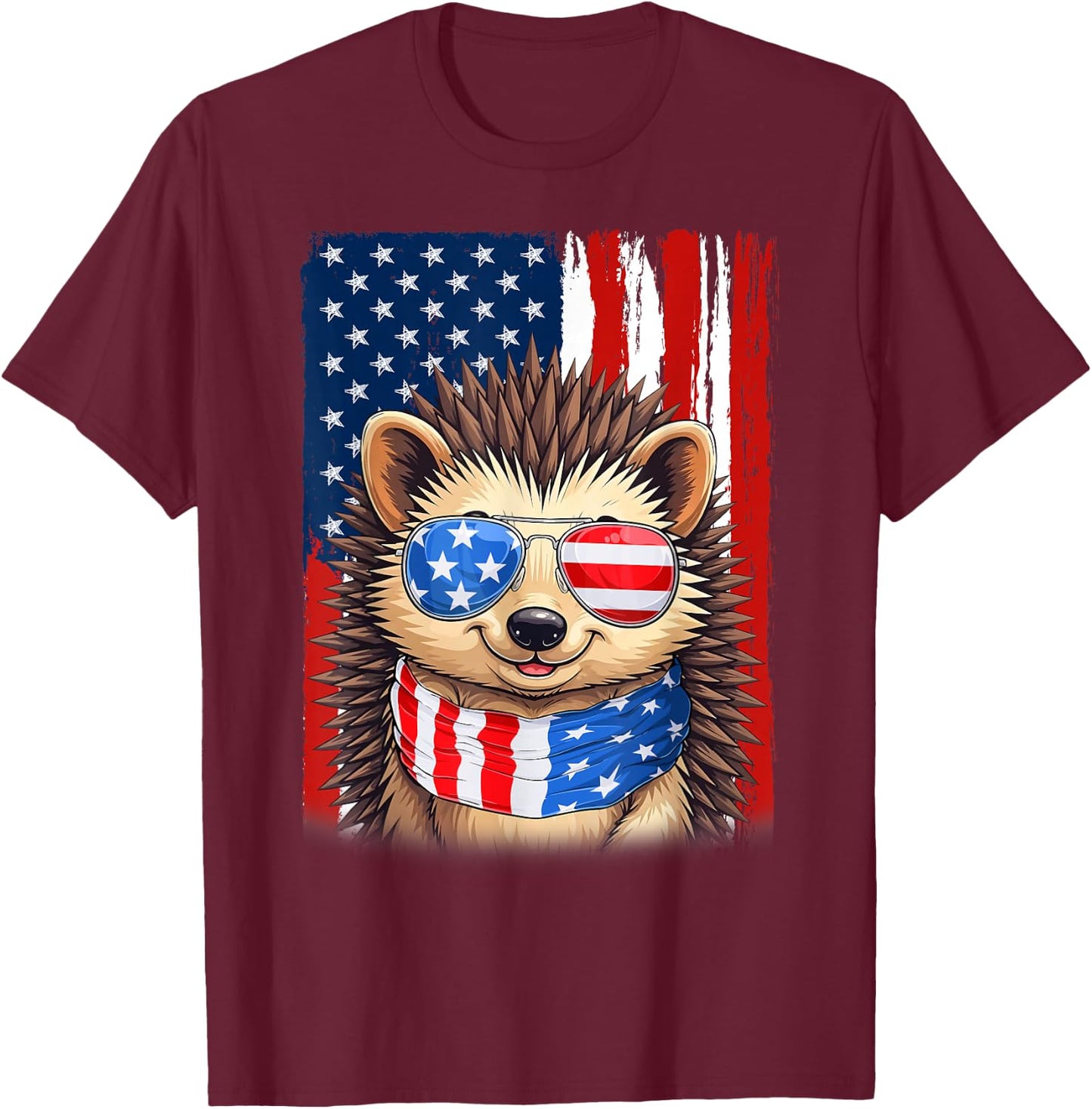 Hedgehog US America Flag Men Women 4th of July Patriotic T-Shirt - T-Shirt | Maroon