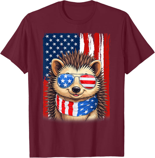 Hedgehog US America Flag Men Women 4th of July Patriotic T-Shirt - T-Shirt | Maroon