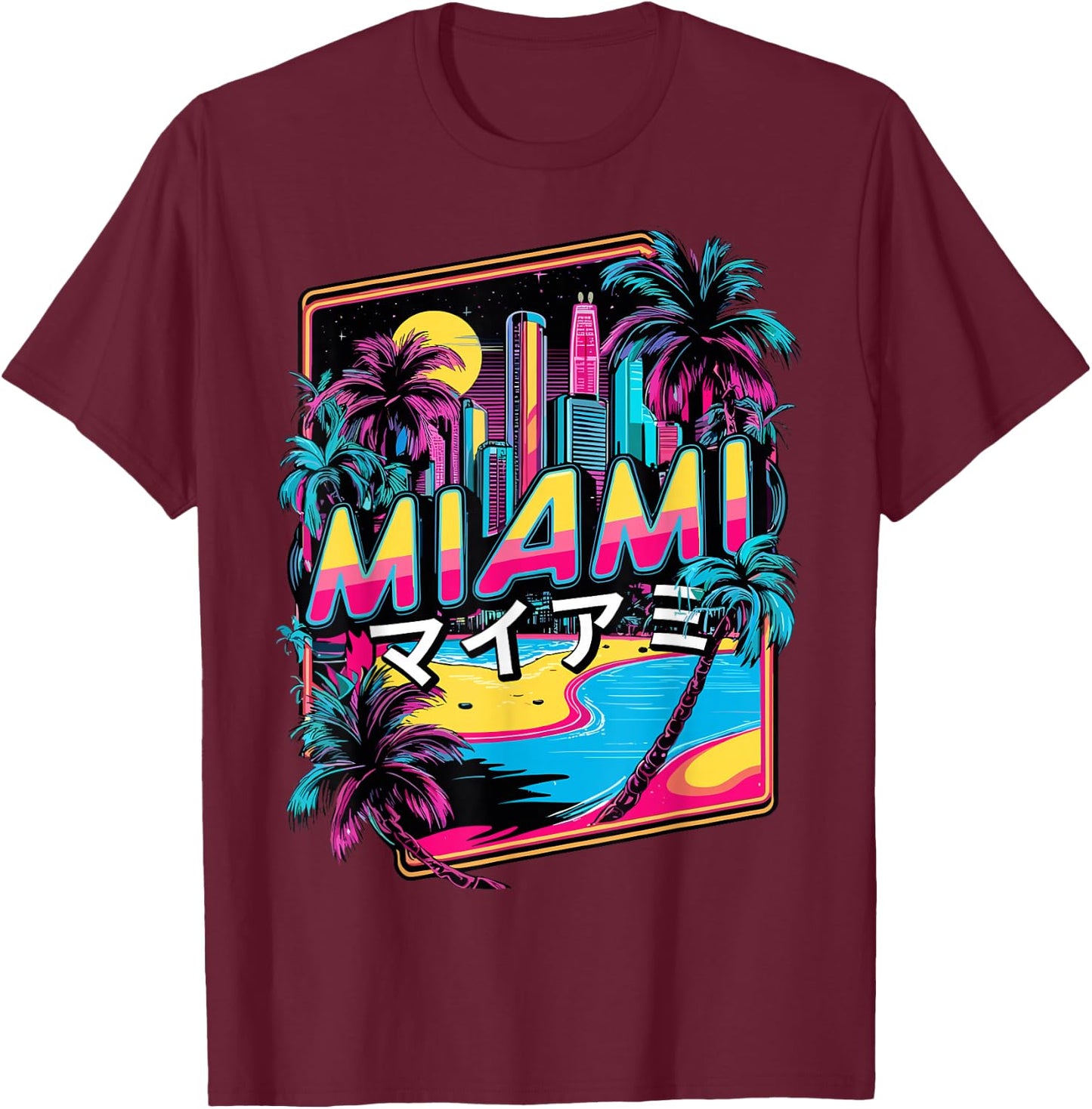 Miami in Japanese Vaporwave Aesthetic, Cult Movie 80s , Black, S T-Shirt - T-Shirt | Maroon