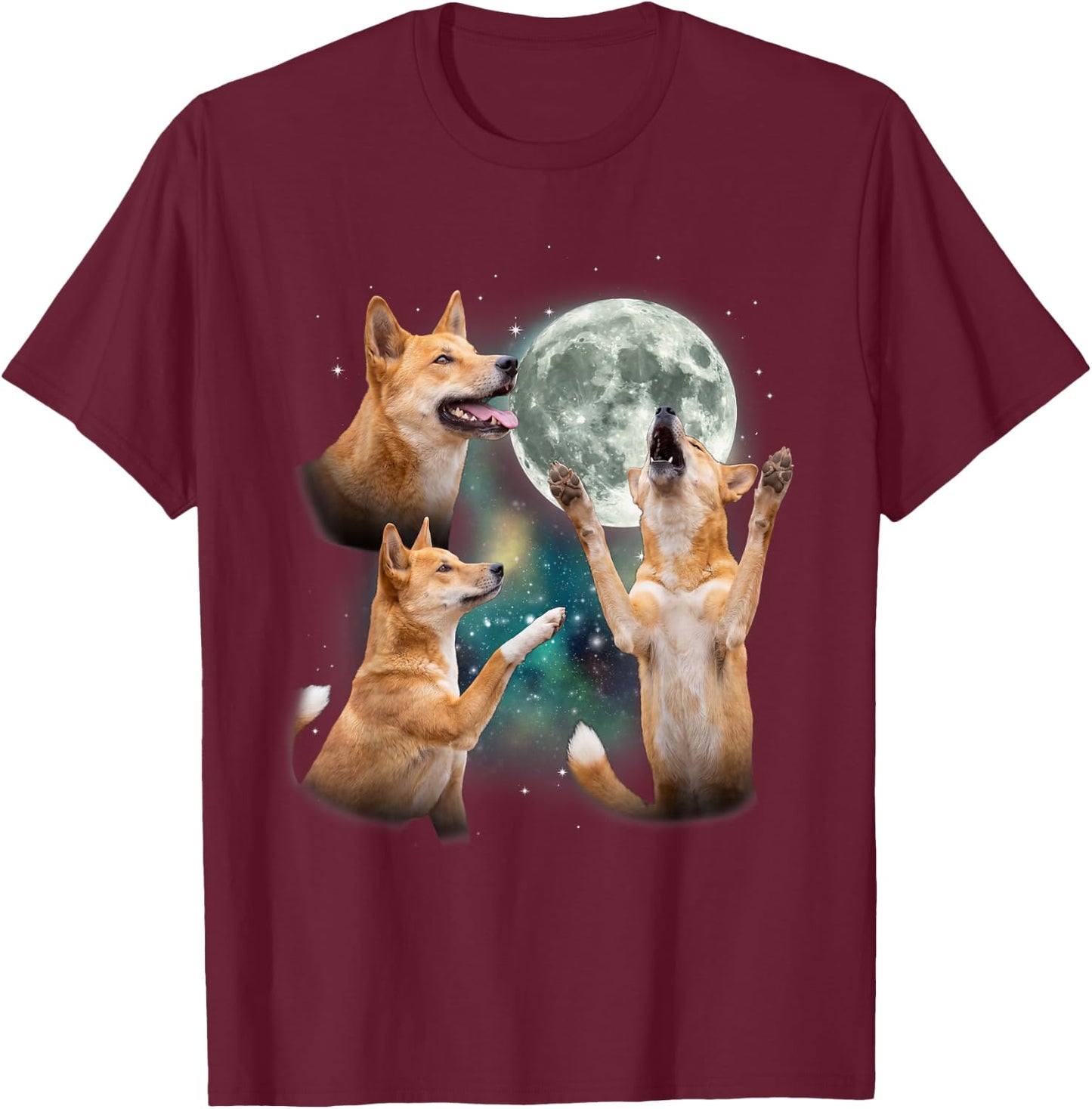 Three Dingo Moon | Funny Wild Canine Wildlife Meme T-Shirt - T-Shirt | Maroon