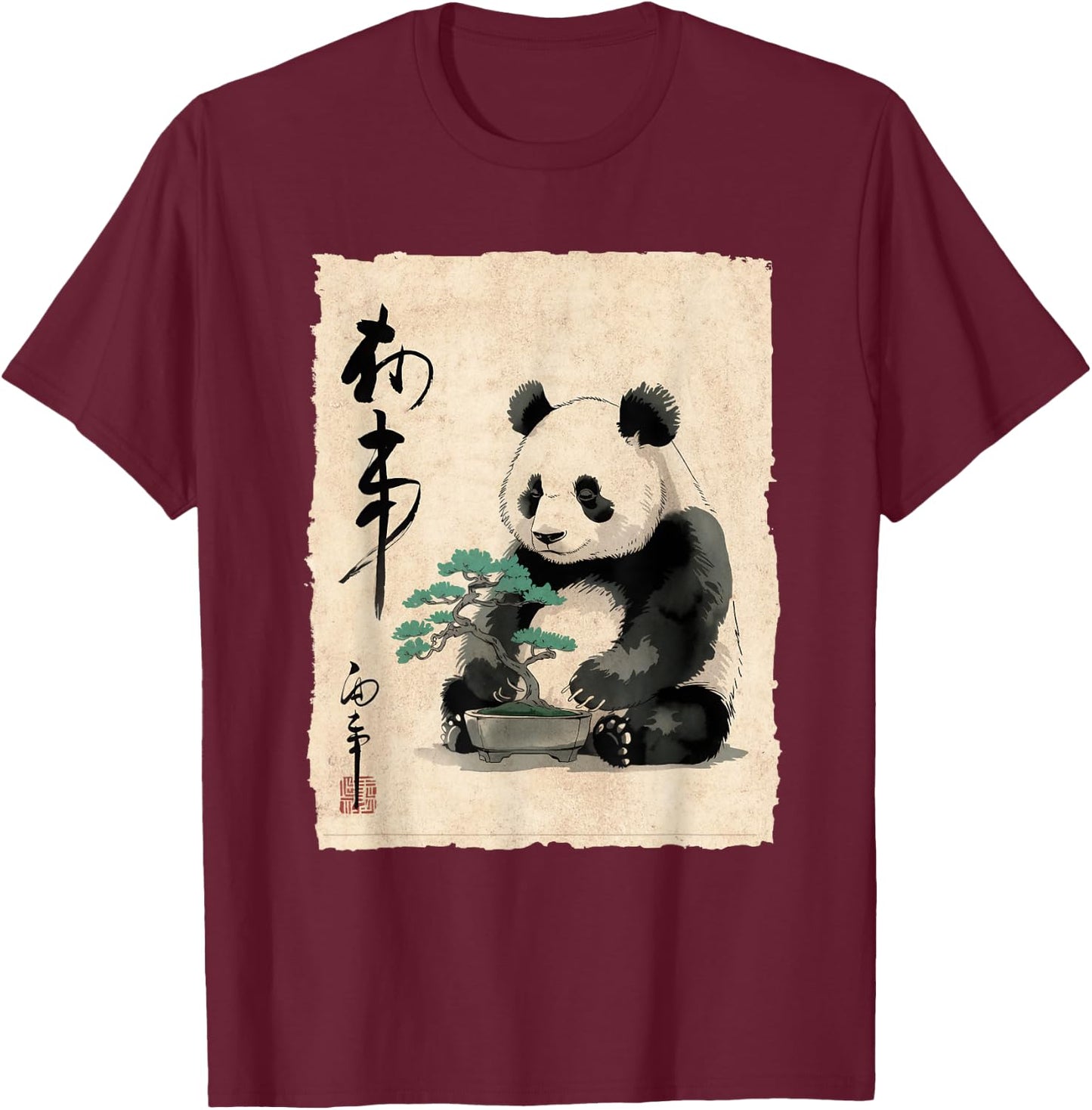 Panda with Bonsai Japanese Art Women Kids T-Shirt - T-Shirt | Maroon