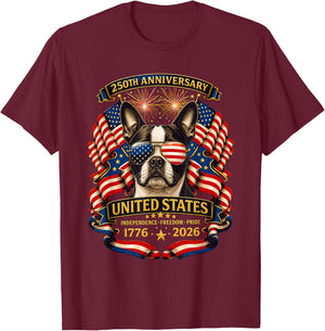 Boston Terriers Dog USA Independence 1776 2026 Patriotic T-Shirt - T-Shirt | Maroon