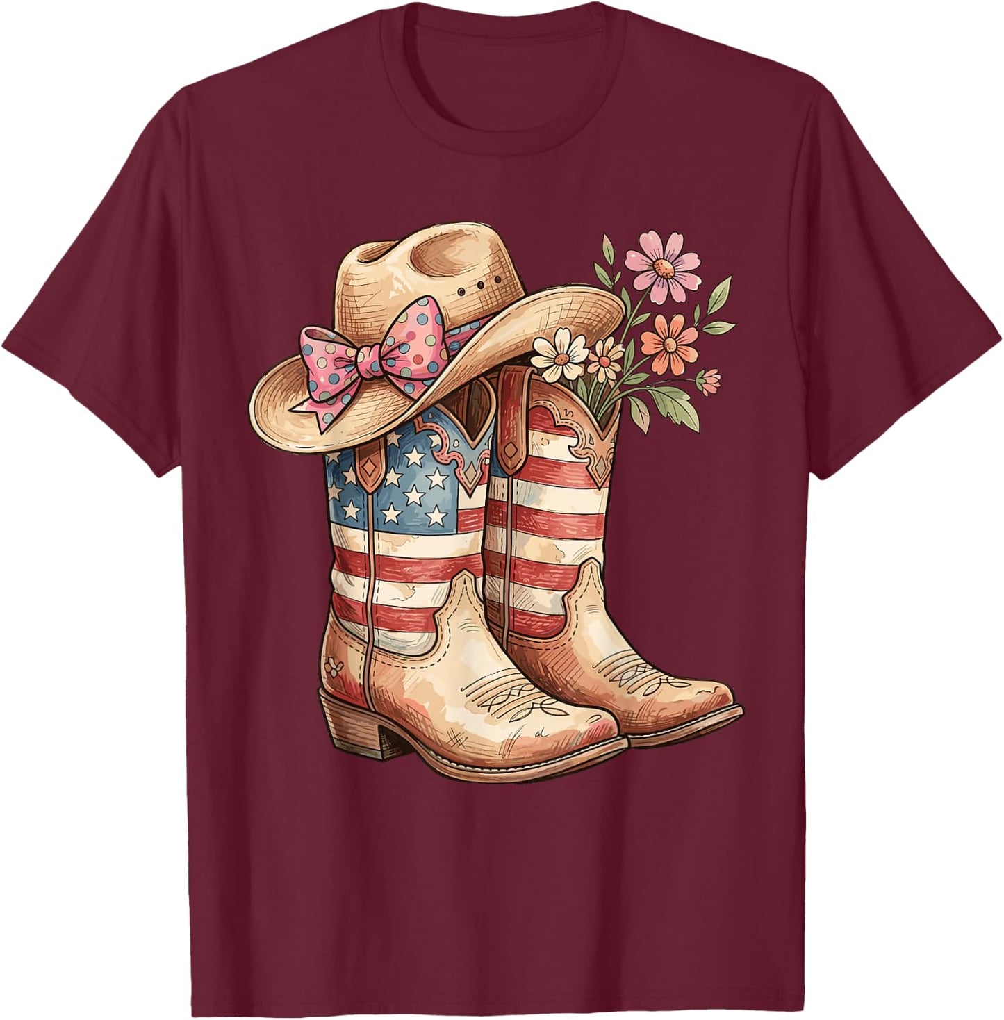 Cowboy Boots Cowgirl American Flag Hat Western 4th of July T-Shirt - T-Shirt | Maroon