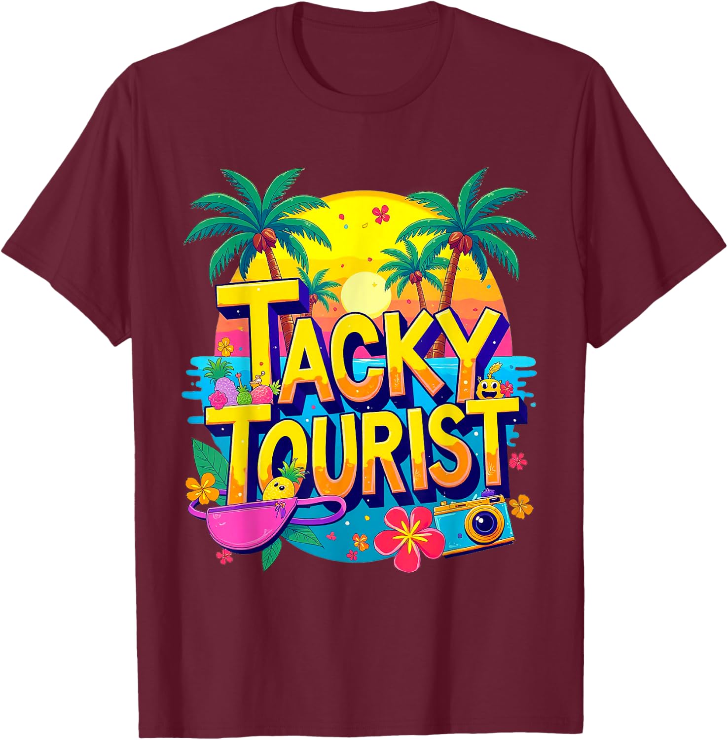 Funny Tourist Shirt & Vintage Hawaiian Accessories -Kids Tacky Tourist - Black, Small, Short Sleeve T-Shirt - T-Shirt | Maroon