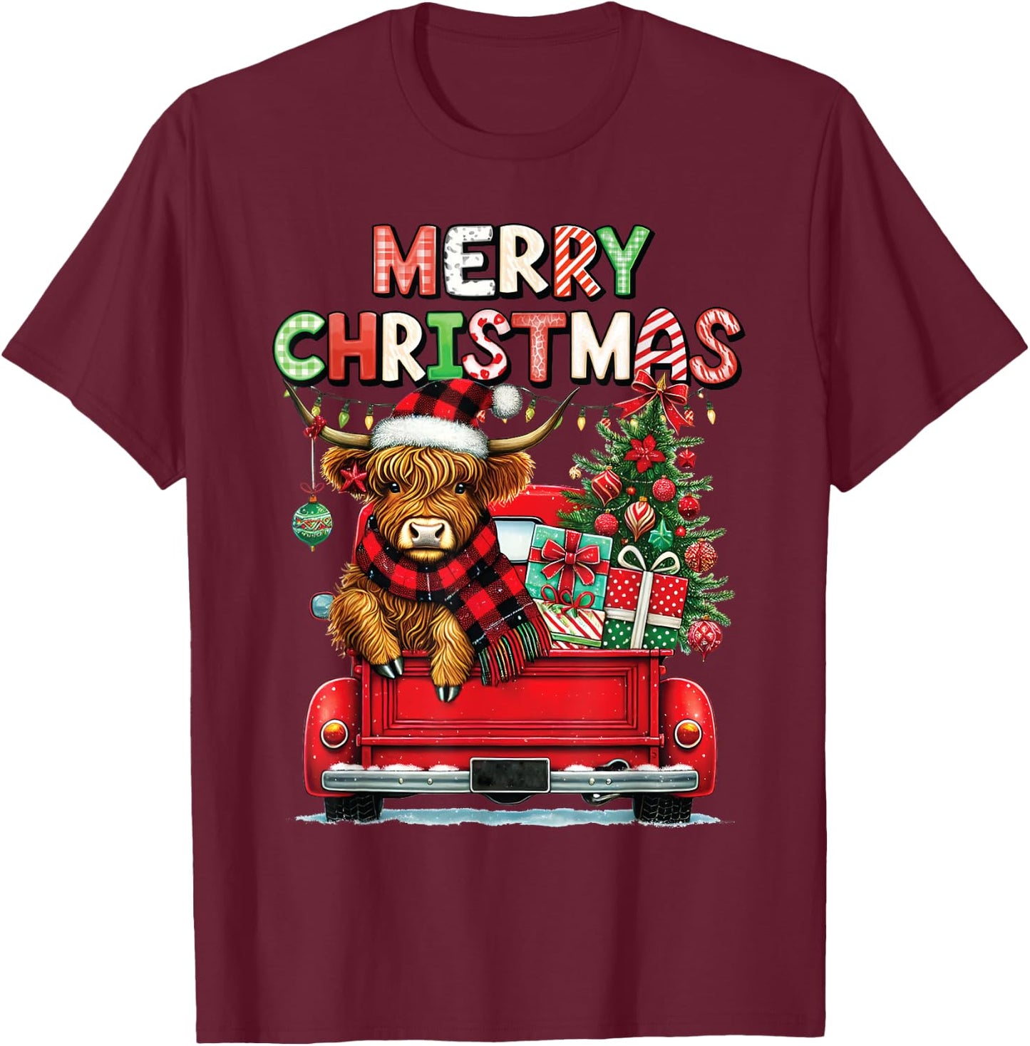 Merry Christmas Scottish Highland Cow Xmas Farm Animal Lover T-Shirt - T-Shirt | Maroon