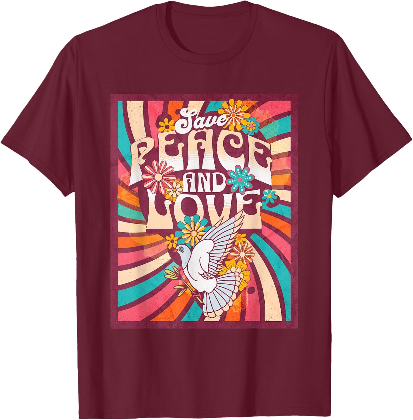 Save Peace and Love Retro Hippie Dove Floral Style 70s , Black, S T-Shirt - T-Shirt | Maroon