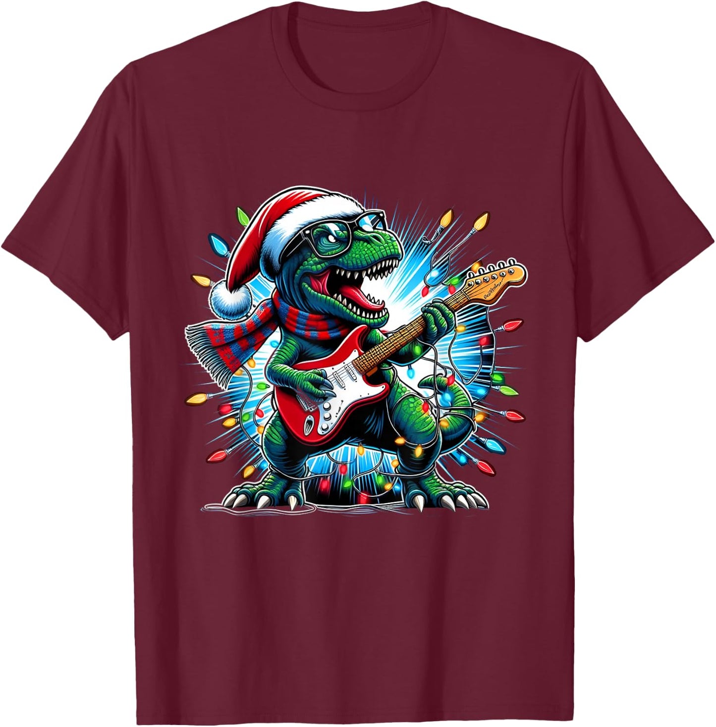 Dinosaur Guitar Player Xmas Funny Trex Dinosaur Christmas T-Shirt - T-Shirt | Maroon