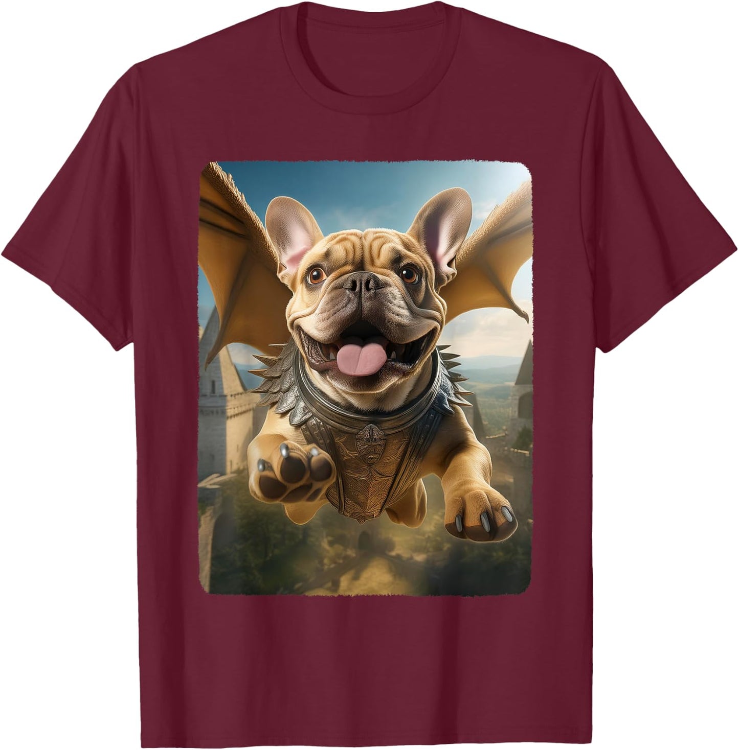 Frenchie Flying Cute Fantasy From Dog House to Sky Dragon Men Women Girls Kids T-Shirt - T-Shirt | Maroon