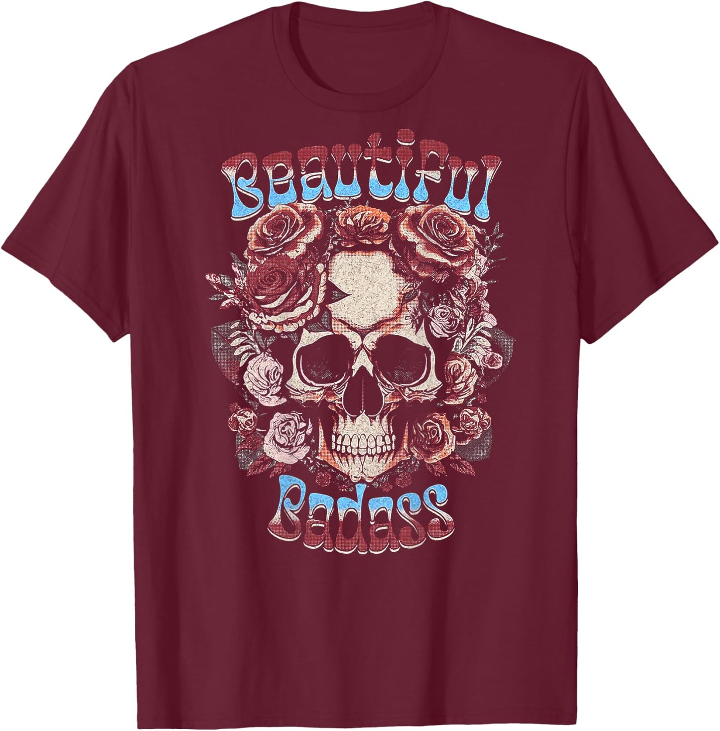 Beautiful Badass Floral Skull (on back) T-Shirt - T-Shirt | Maroon