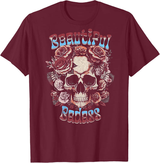 Beautiful Badass Floral Skull (on back) T-Shirt - T-Shirt | Maroon